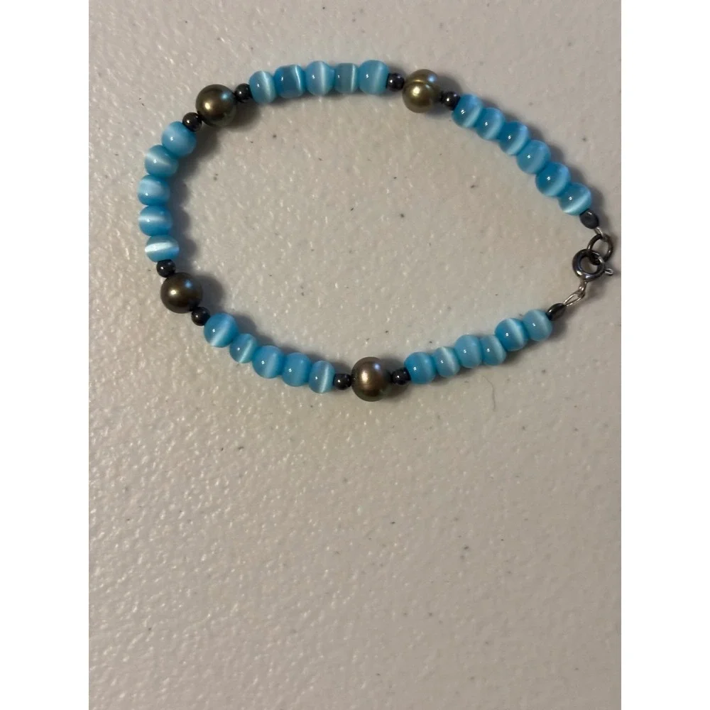 Set of 7 Beaded Stretch Bracelets Blue Multi Color Glass Bead‎ Boho Stacking